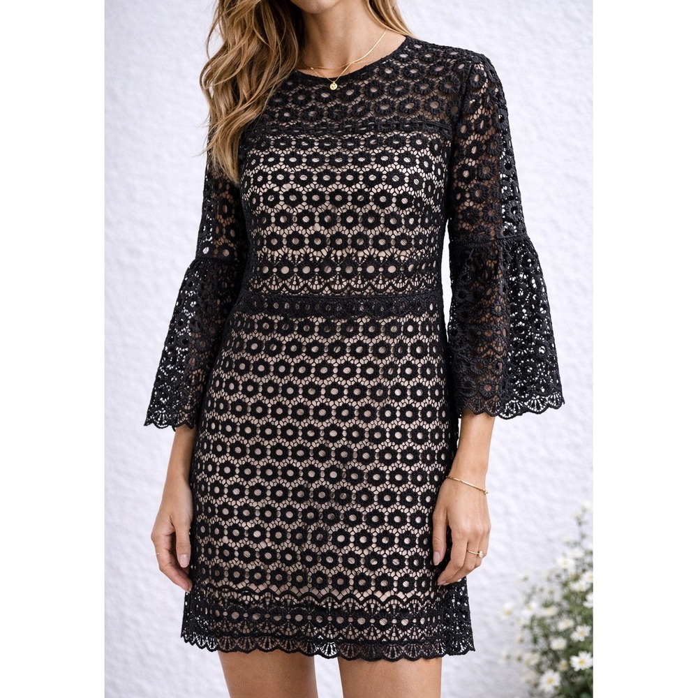 J.Crew Eyelet Lace Dress Womens 00 Black Excellent Bell Sleeve G7801